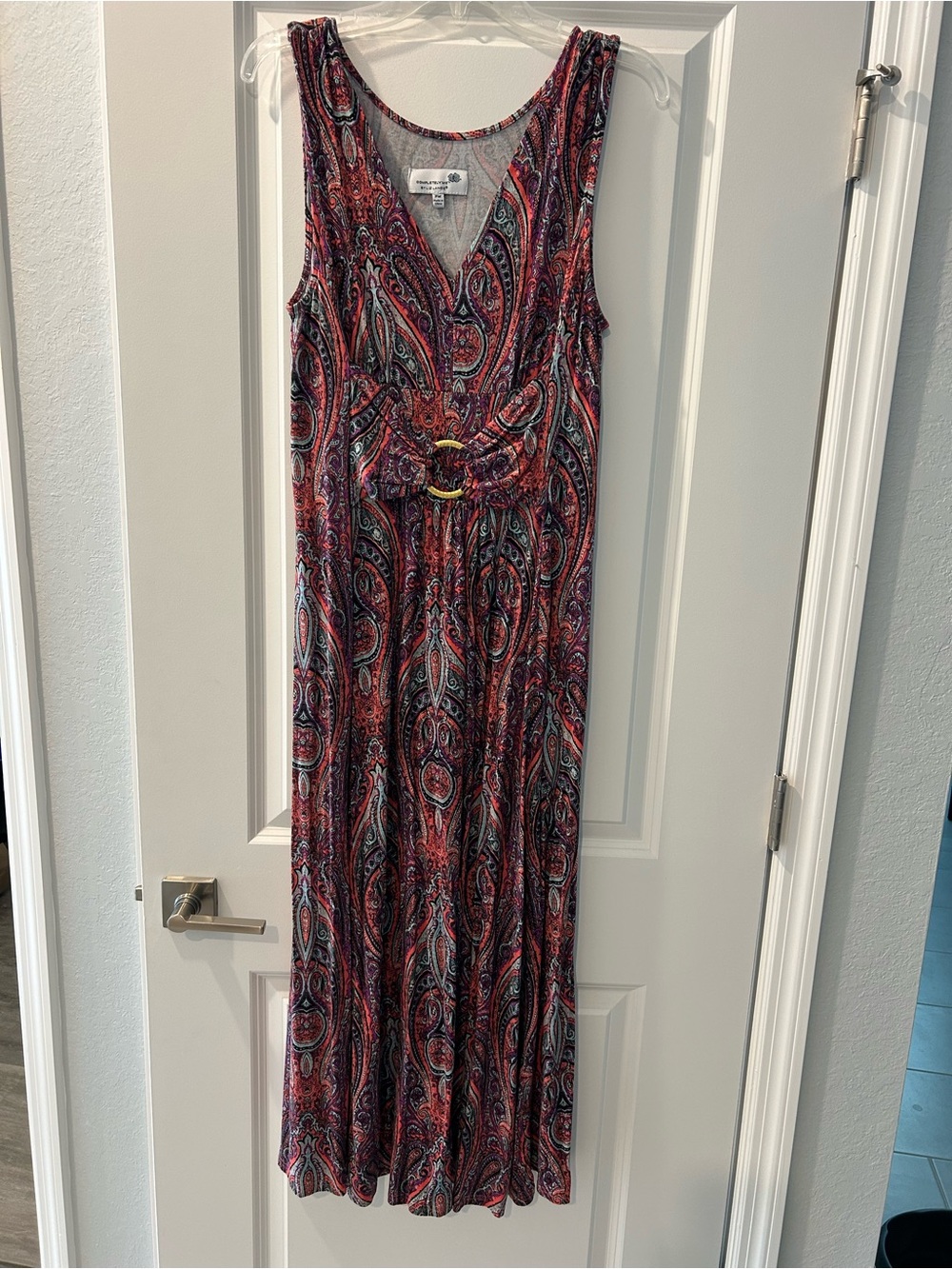 Paisley V-Neck Maxi Dress with Front Buckle - Red Multi